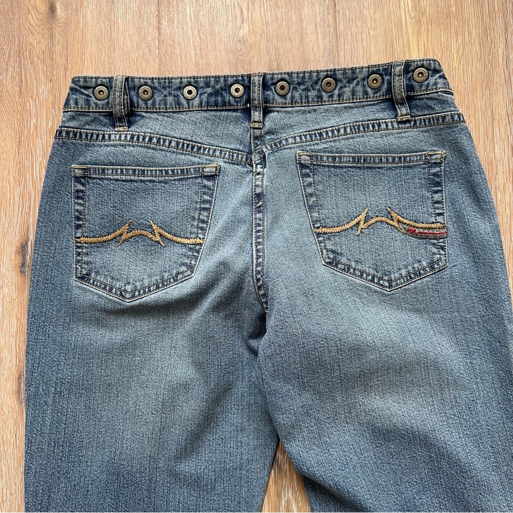 Vintage 90s Y2K Parasuco Jeans Light Blue Flare Asymmetrical Waistband - Size 32 - Picture 5 of 10